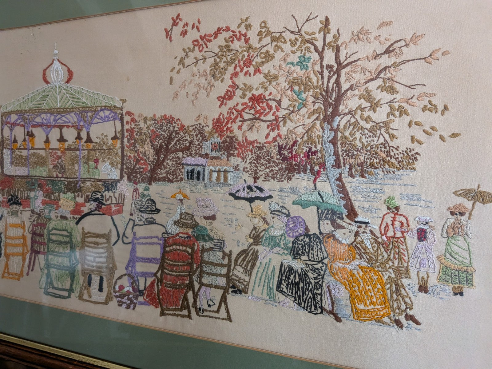 Vintage Cross Stitch Victorian Band Stand Play Framed Embroidery Crewel Large