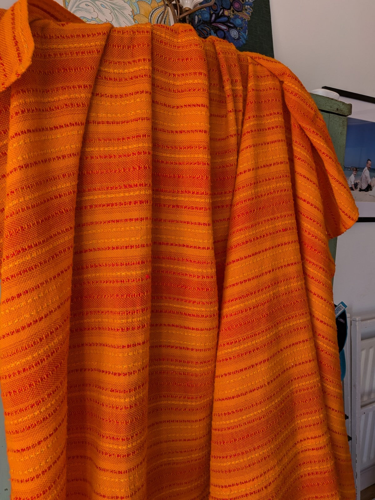 Vintage Retro Orange Polyester Double Bedspread Topper Bedding RARE Prop Woven