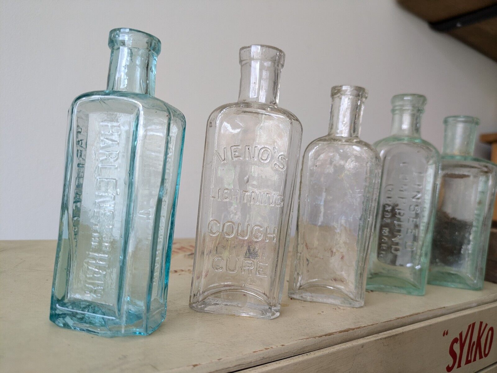 5x Antique Vintage Glass Bottles vase apothecary Cough Cure Koko Veno Hair Vgc
