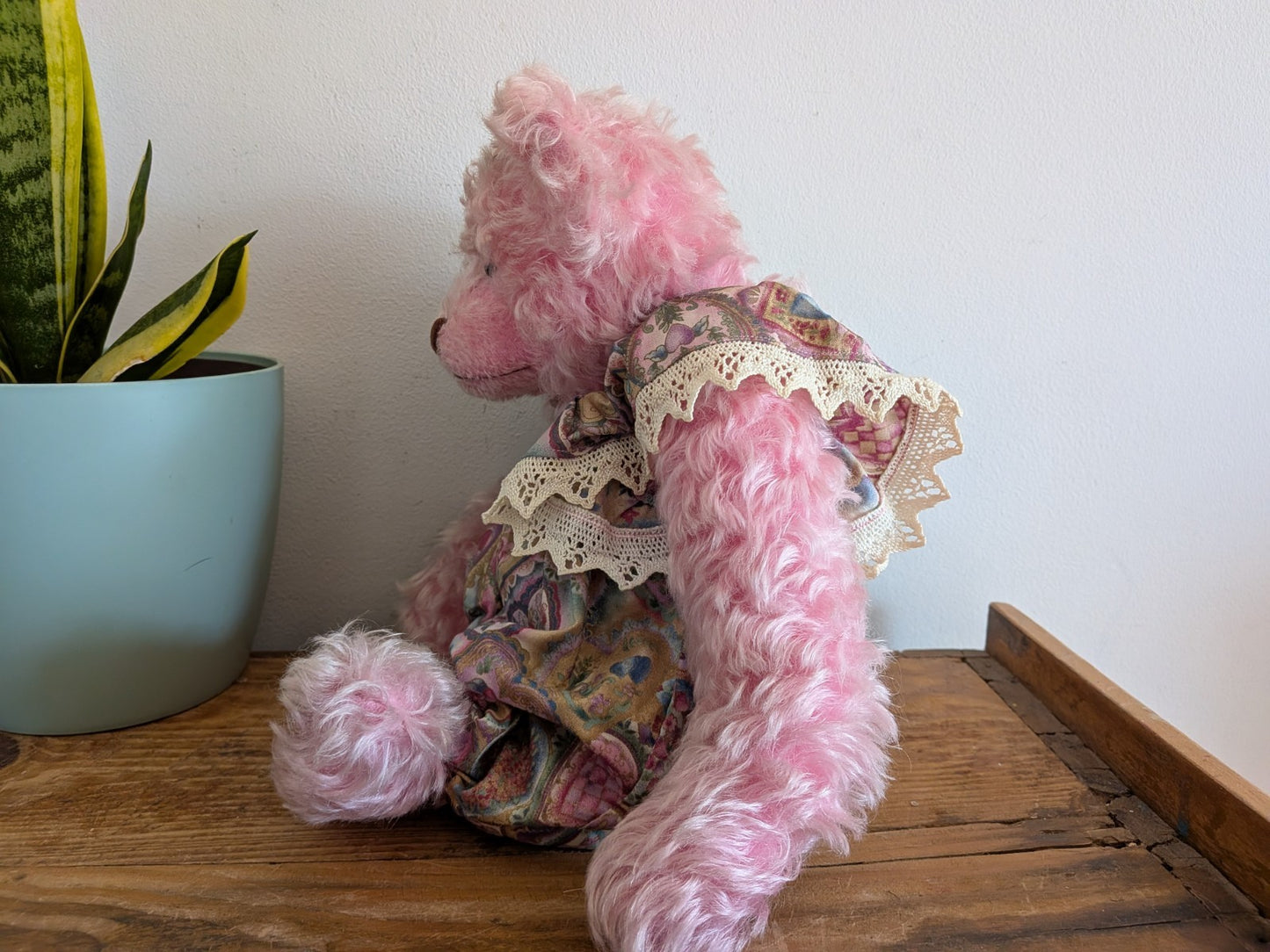 Artist Made Bear Fully Jointed Pink Rosie Handmade Roses Floral Vintage Style 