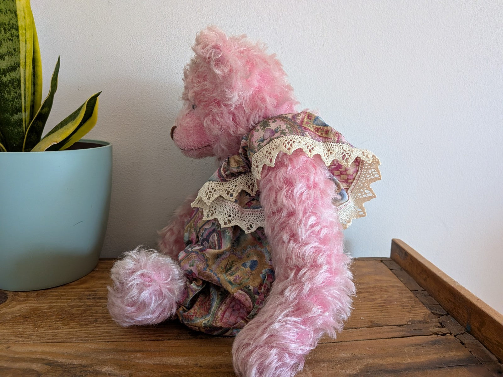 Artist Made Bear Fully Jointed Pink Rosie Handmade Roses Floral Vintage Style 