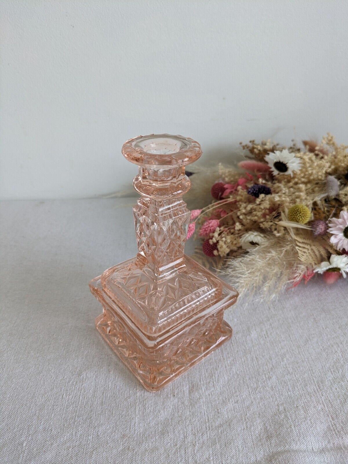 Vintage Art Deco Pink Single Glass Candlestick Quilted Dish Trinket Box Rare Vgc