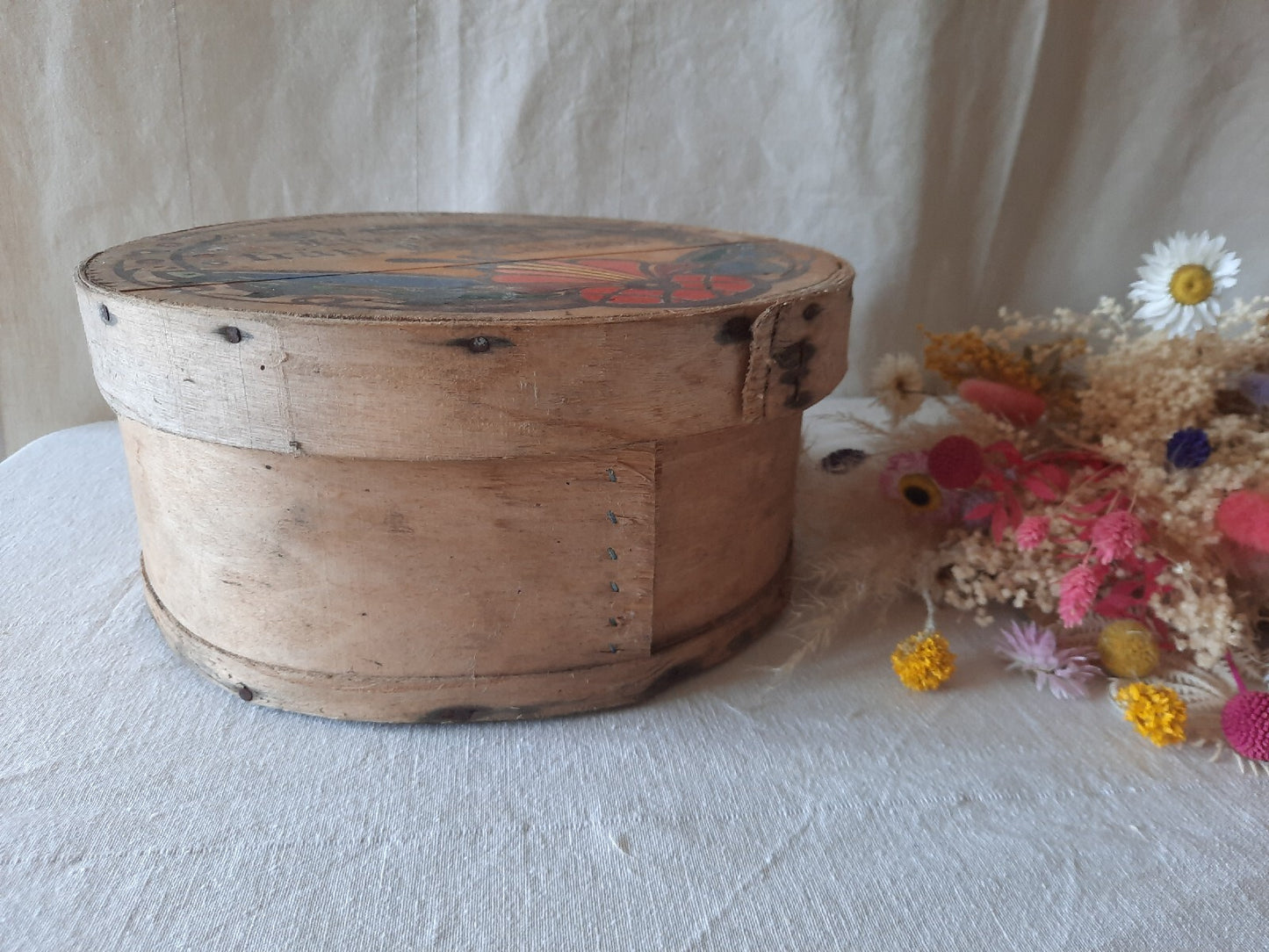 Vtg Wooden Pantry Box Hand Painted Flowers Little Sweden, USA Food Bentwood Rare