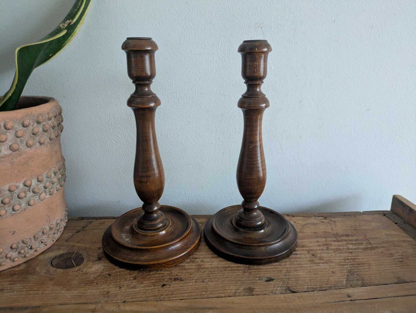 Vintage Antique Wood Candlestick Holders Pair Hand Turned Candle Victorian 24cmH