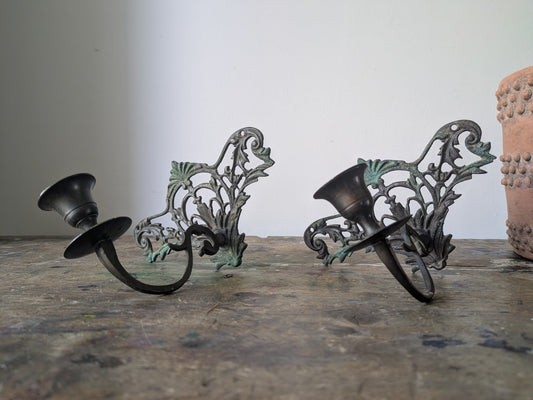 Antique Solid Brass Candlesticks Patina Pair Sconces Vintage Prop Wall Decor  