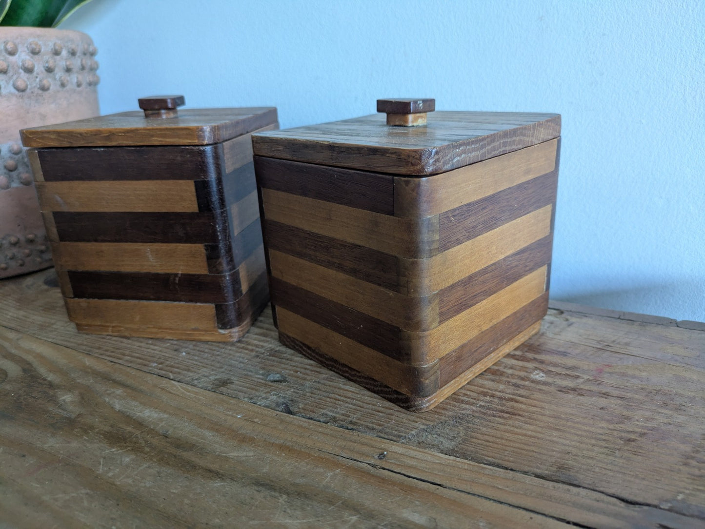 Pair Vtg Wood Two-tone Striped Kitchen Canister Caddy 1960's Mid Century Retro 