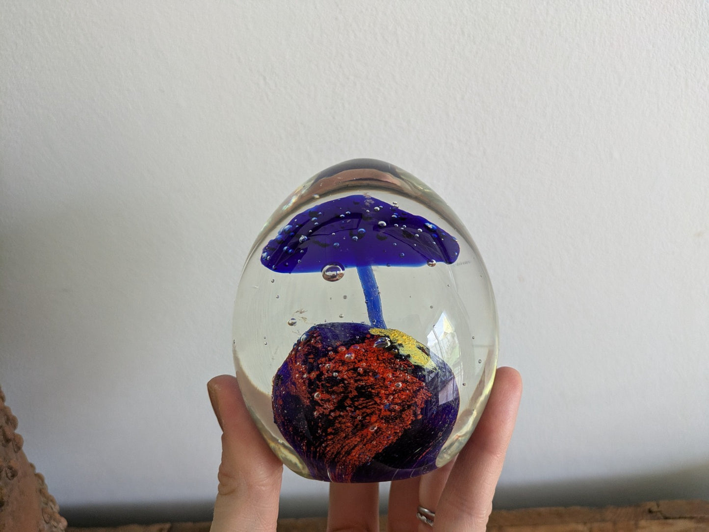 Dynasty Gallery Art Glass Paperweight Clear Blue Multi-Color Egg Shaped 9cm Tall
