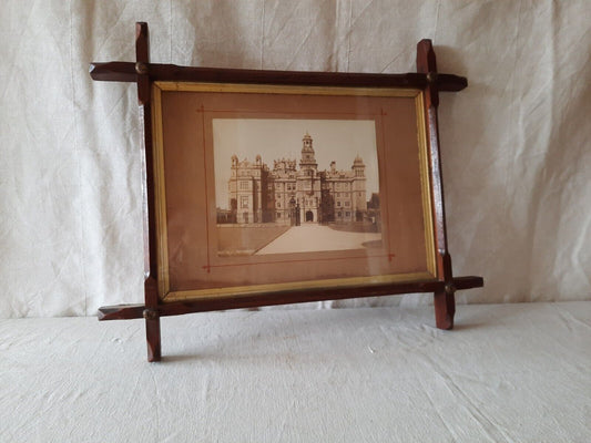 Antique Tramp Art Frame with Resby Hall inset wooden rare 19th century oak coppe