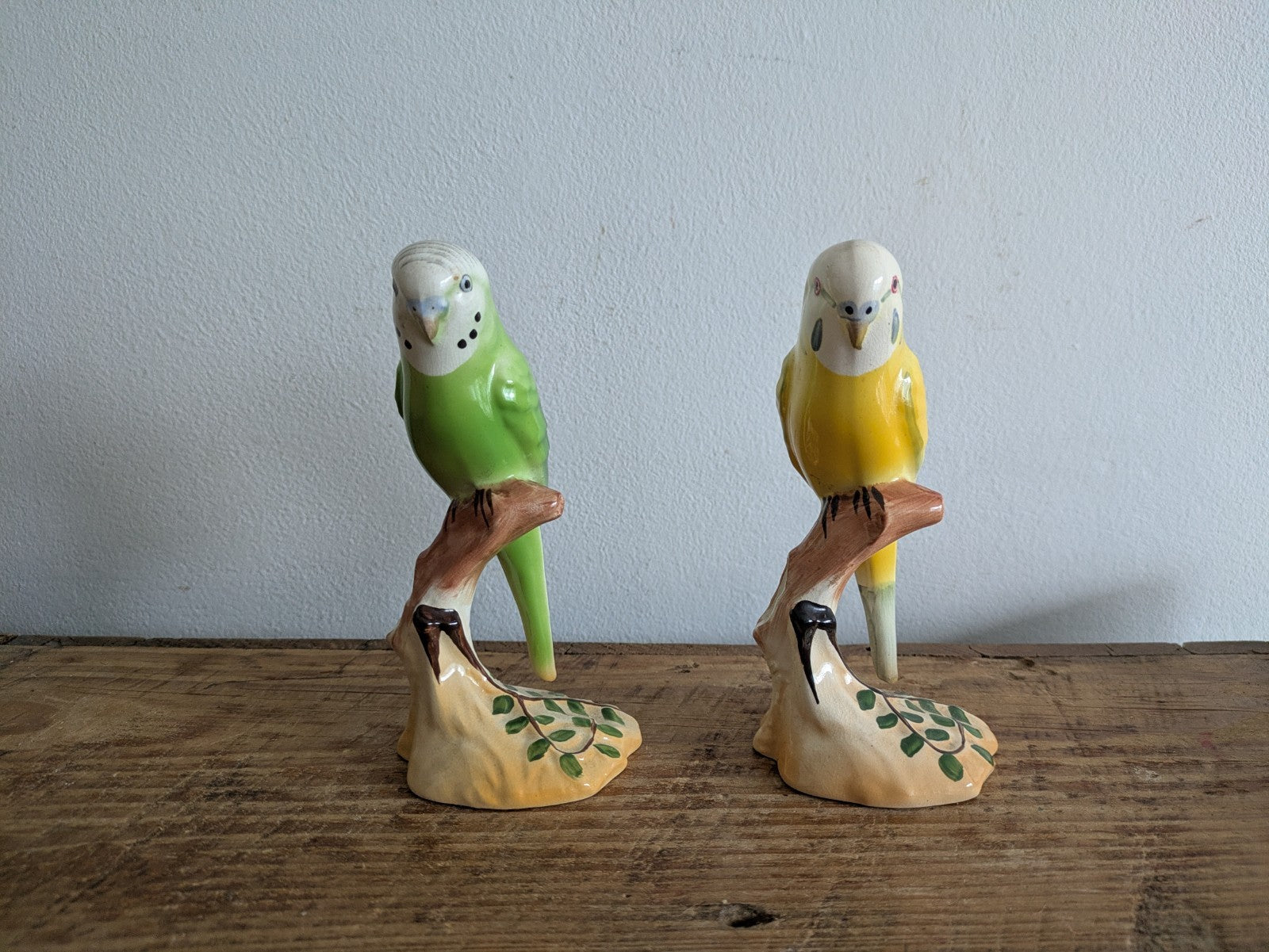 2x Rare Green Yellow Budgie Mid Century Kitsch Retro Ceramic Figurine Ornament