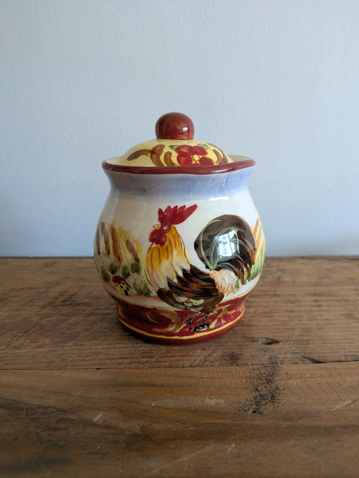 Provincial Rooster French Pottery Farmhouse Kitchen Canister Pot Lid Jar Painted