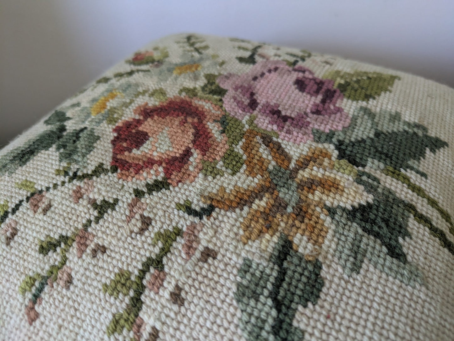 Vintage Tapestry Floral Stool Pine Base Rose Tapestry Top Footstool Original Old
