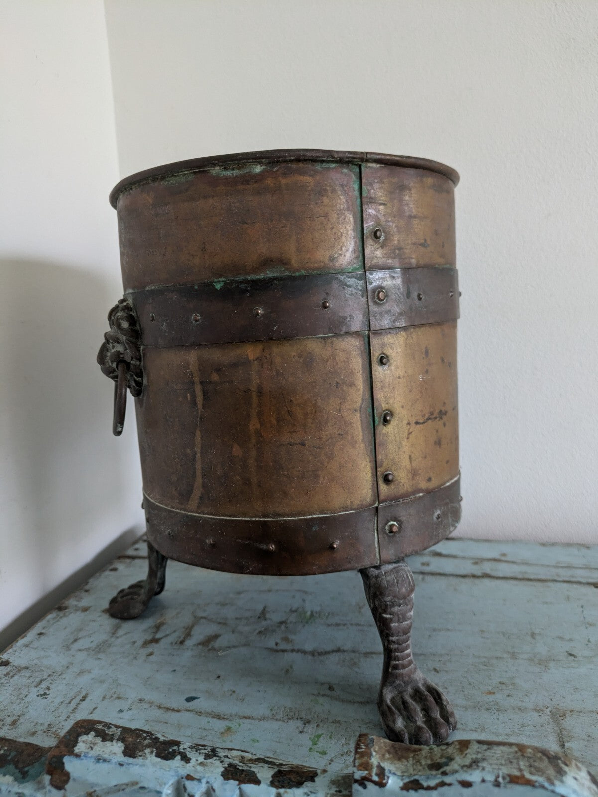 19th C Antique Copper Brass Lion Log Coal Bucket Planter Ice Cylinder 3 Leg Rare