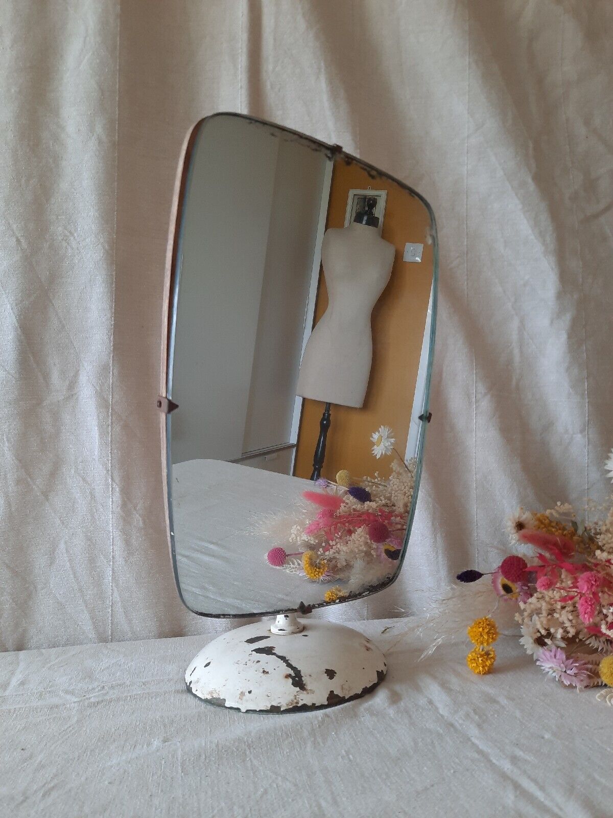 Vintage Vanity Mirror Metal Chippy Table Top Asymmetric old Retro Midcentury 
