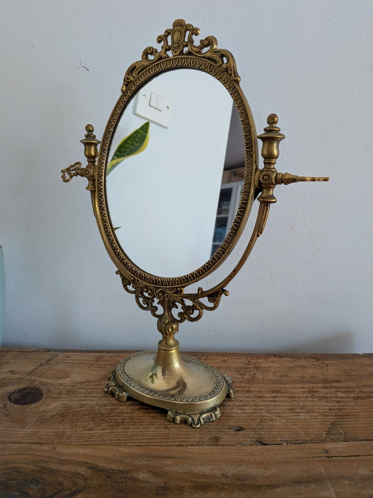 Antique Vintage Oval Dressing Brass Metal Table Vanity Swing Mirror French Style