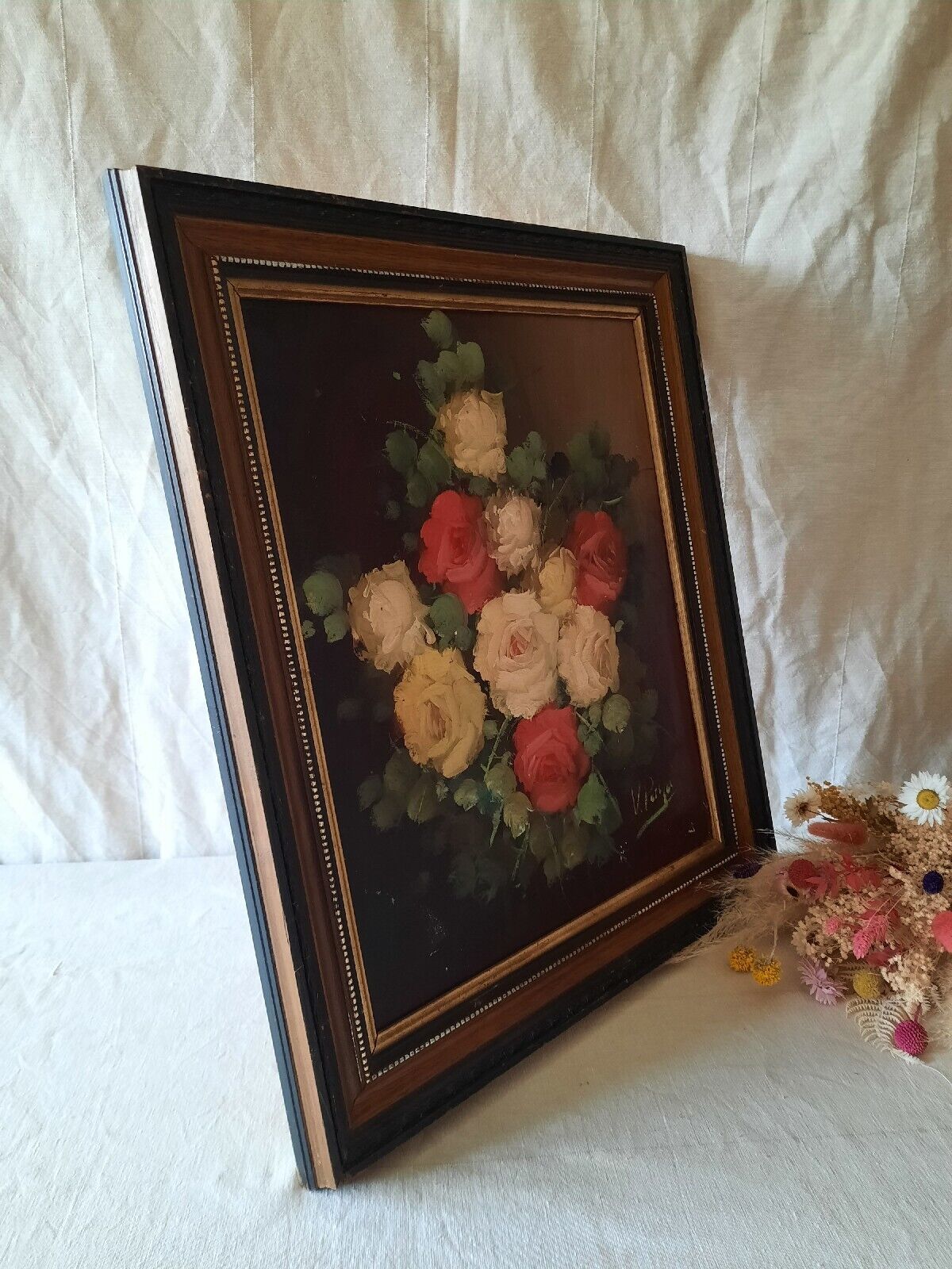 Large Original Vintage Antique Still Life Of Roses Oil On Canvas Painting Antiqu