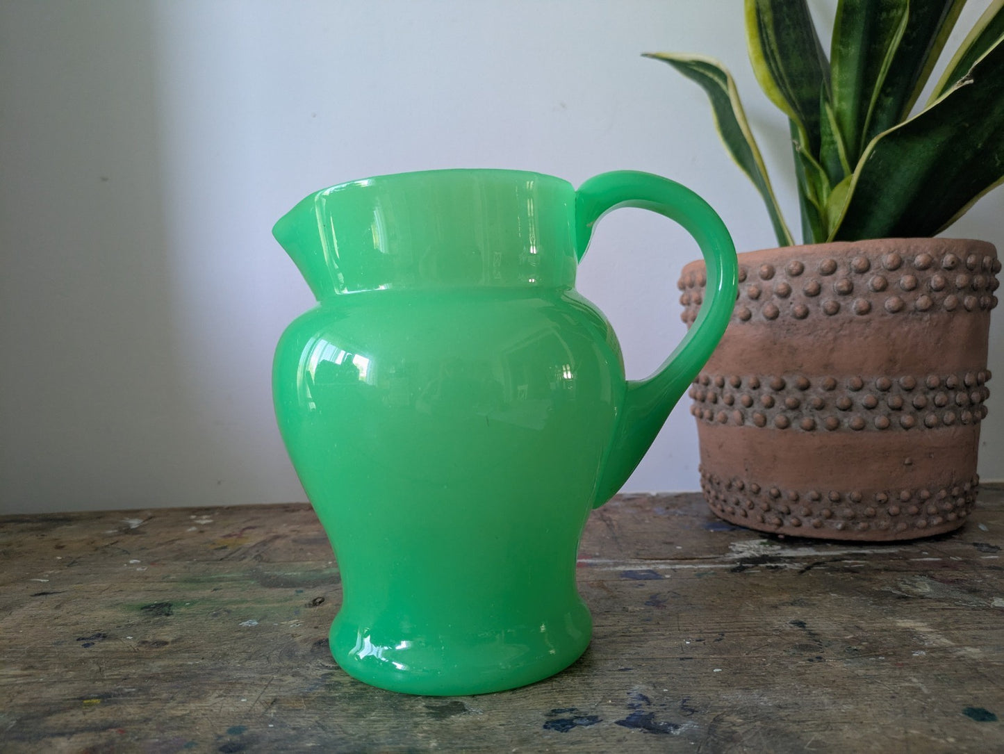 Antique Green Uranium Glass Water Jug Pitcher Jade Jadeite Art Deco Opaque Large