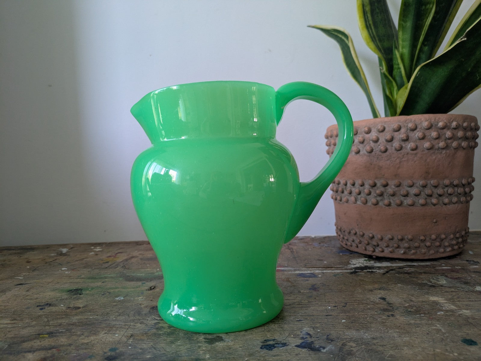 Antique Green Uranium Glass Water Jug Pitcher Jade Jadeite Art Deco Opaque Large