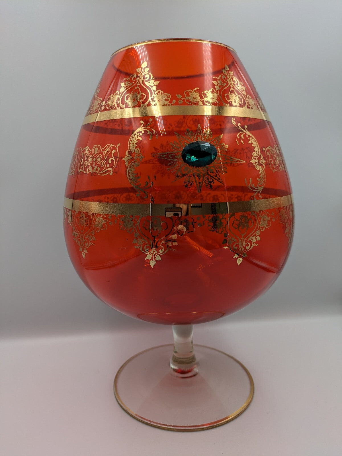 Vtg Cameo Venetian Ruby Gilt Gold Murano Glass Applied Gems Vase Snifter Brandy