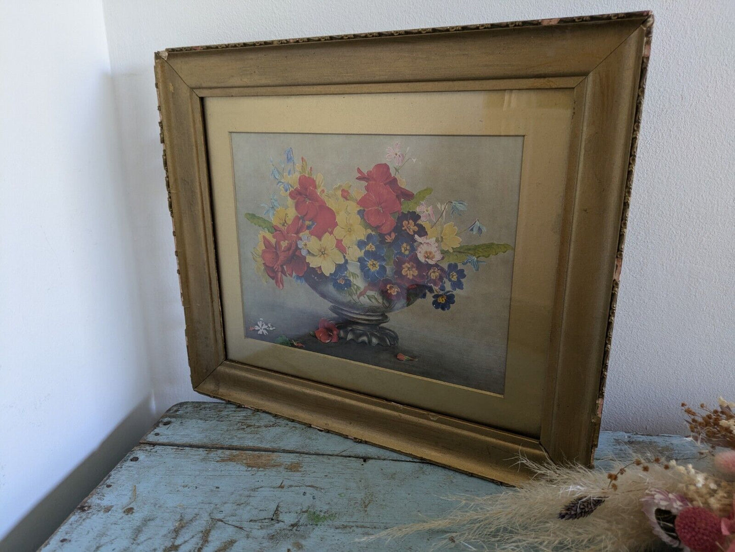 Vintage 30s Antique Gilt Frame floral bouquet PRINT original Landscape Pansies