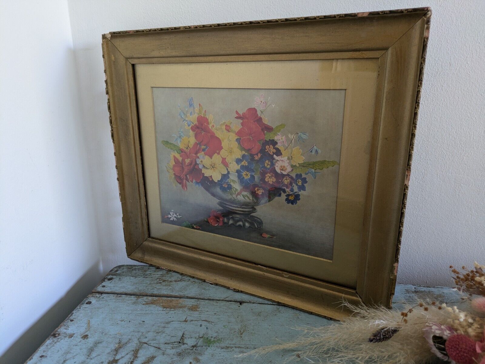 Vintage 30s Antique Gilt Frame floral bouquet PRINT original Landscape Pansies
