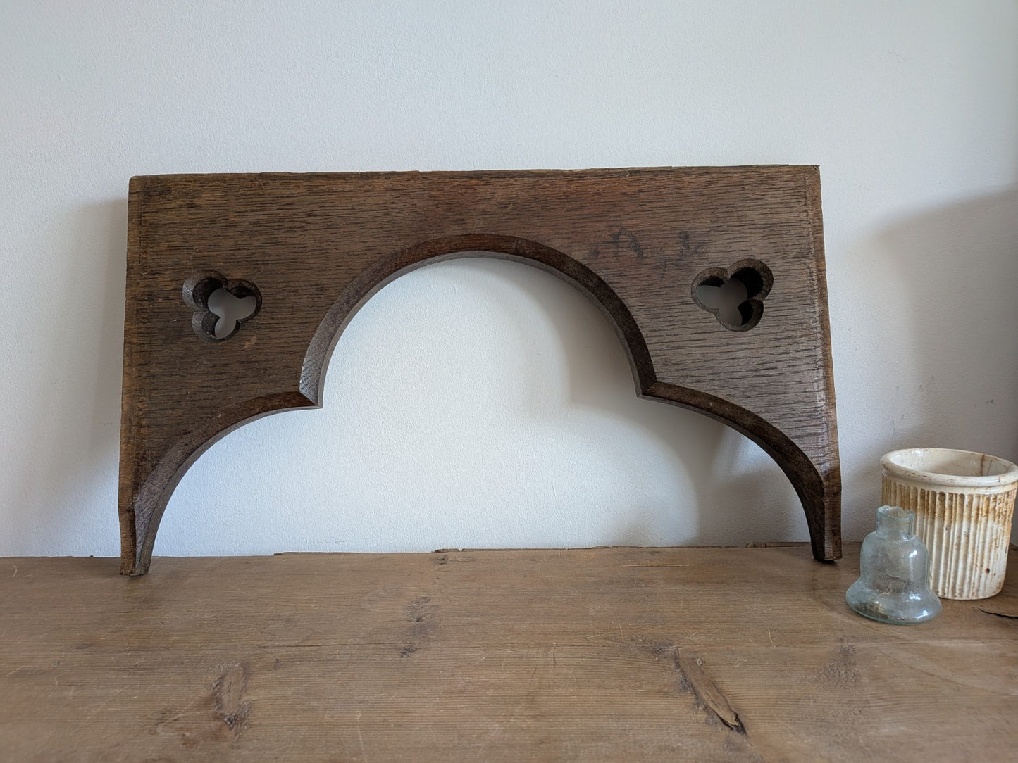 Antique Gothic Revival Panel Solid Oak Wood Salvage Piece Clover Arch Decor Vgc
