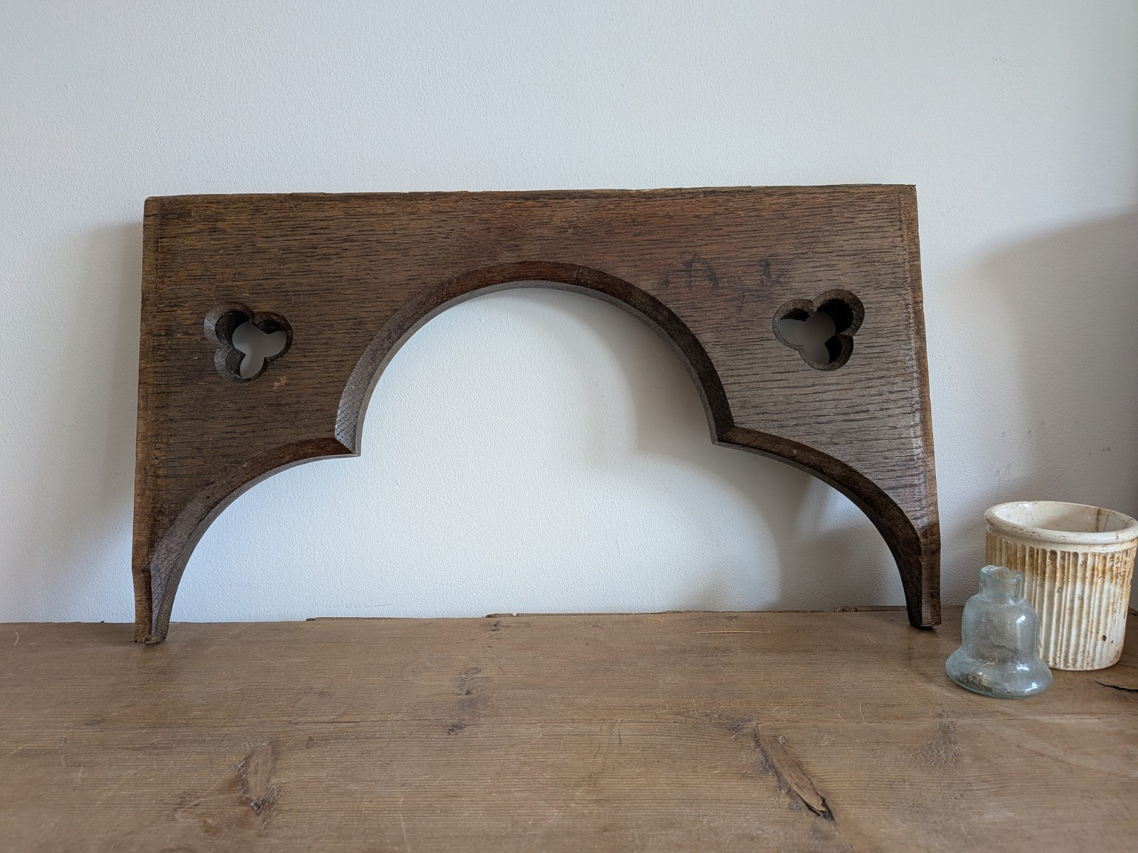 Antique Gothic Revival Panel Solid Oak Wood Salvage Piece Clover Arch Decor Vgc