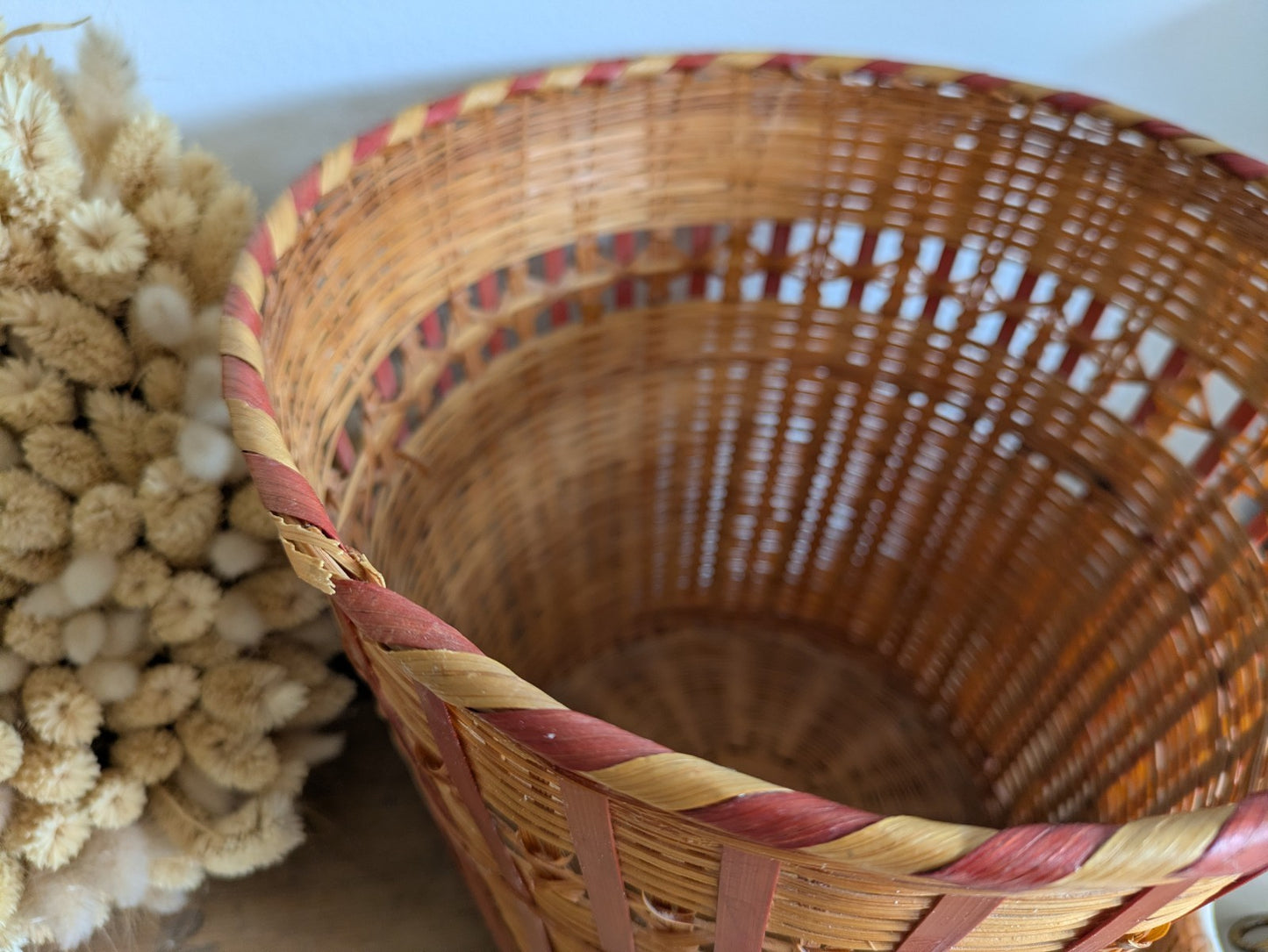 Vintage Mid Century 60 70s Woven Cane Bamboo Bin Planter Plant Pot Tikki Boho 