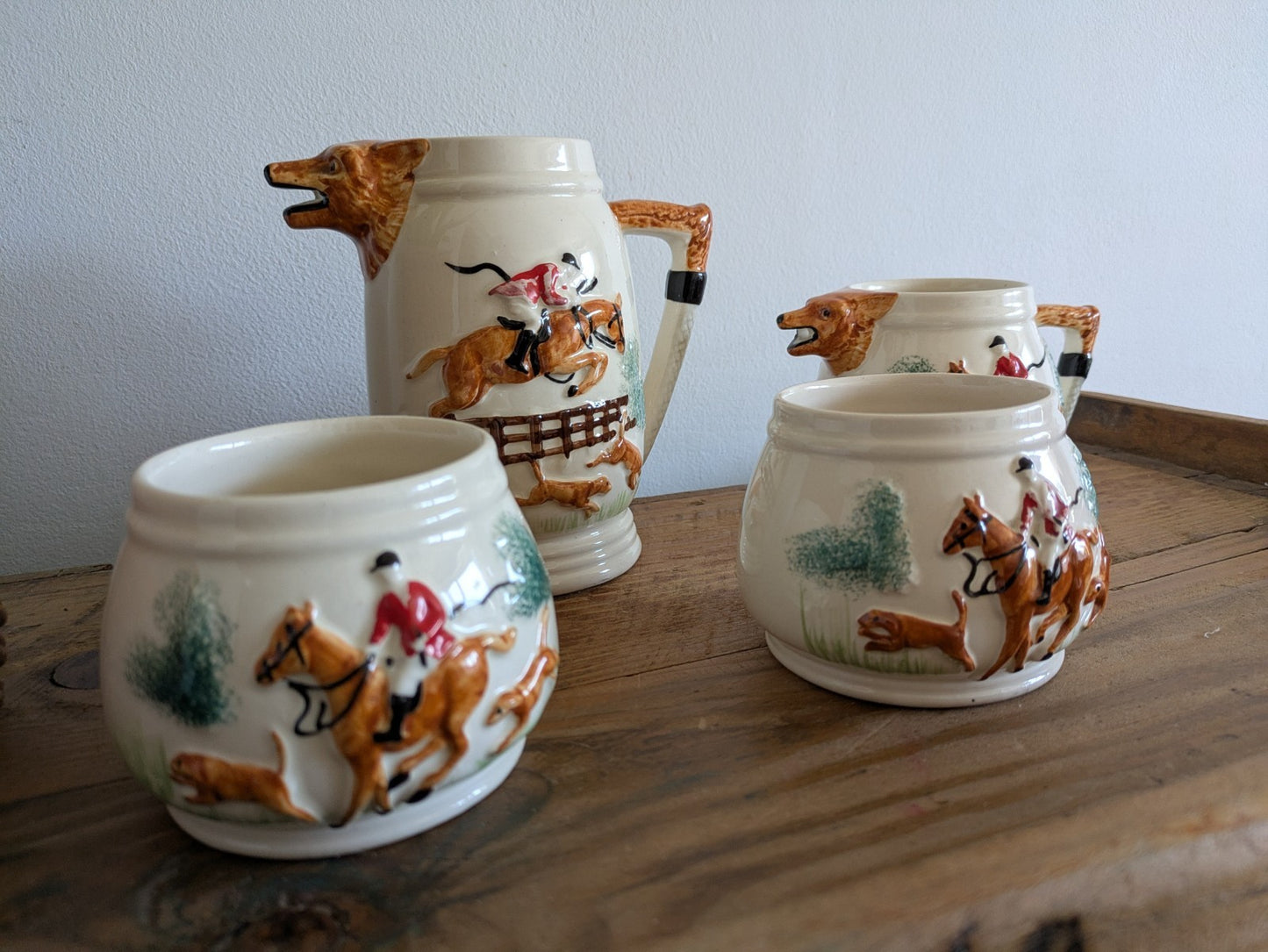 1940s Portland Pottery Cobridge PPC Staffordsre Fox Hunting 4 Piece Tea Set Jug 