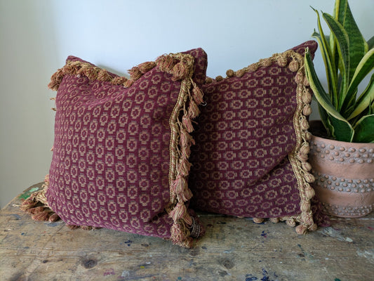 2 x Vintage Sussex House Tapestry Cushion 45cm sq Feather Pad Red Gold Heritage