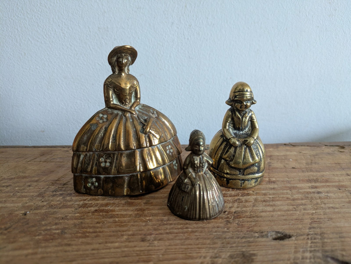 3x Vintage Brass Crinoline Lady Bell Bo Peep Bridgerton Trio Kitsch Prop Women