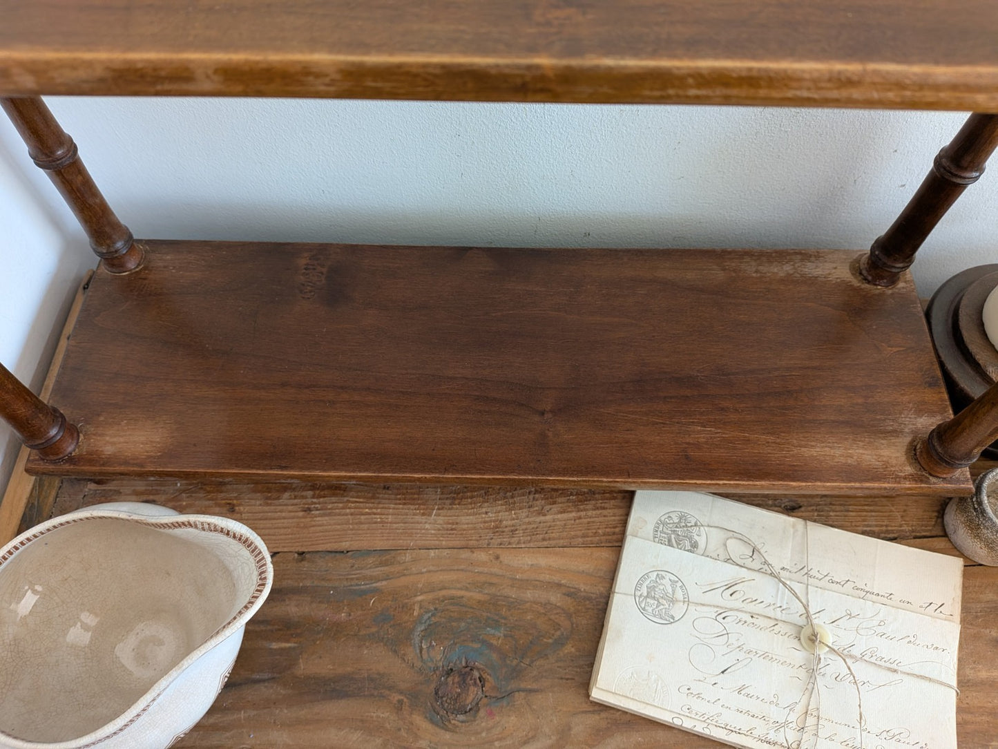 Antique Vintage French Faux Bamboo Wall Shelf Two Tier Wooden Finials Bookshelf 