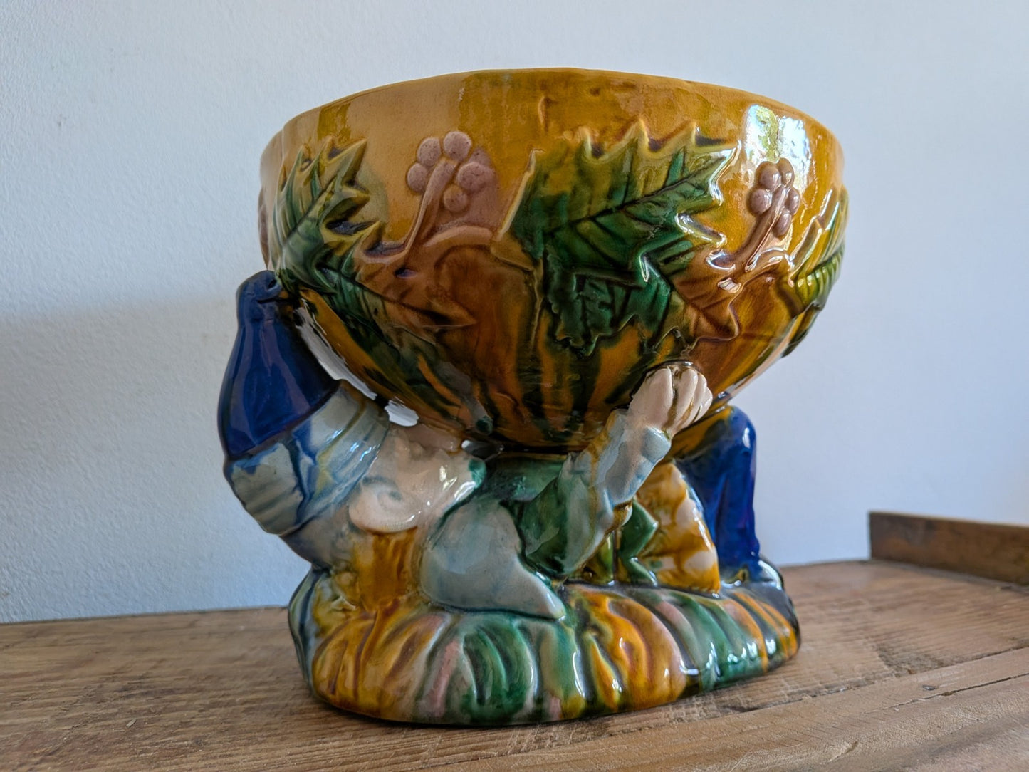 Vintage George Jones Majolica “MR Punch” Punch Bowl Christmas Table Gnome Dwarf