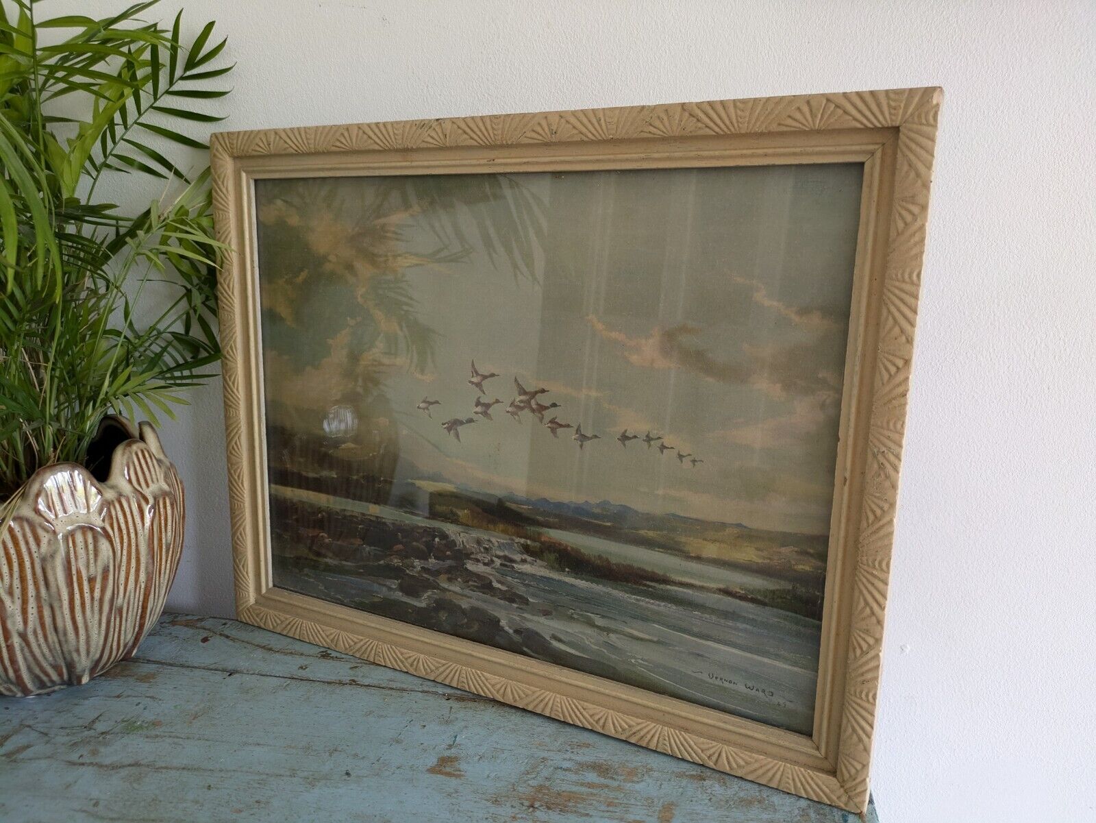 Vintage Vernon Ward Print Framed Art Painting Stream From The Hills Flying Ducks