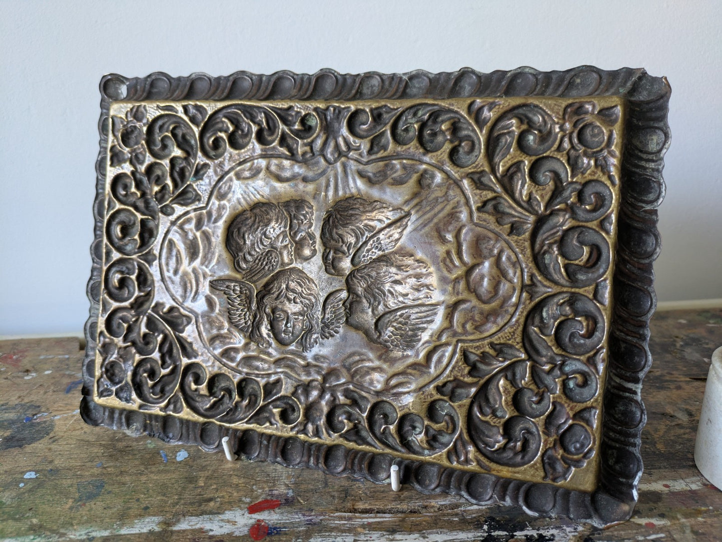 Antique REYNOLDS ANGELS Embossed Dressing Table Tray 1900s Cherubs Ornate Brass