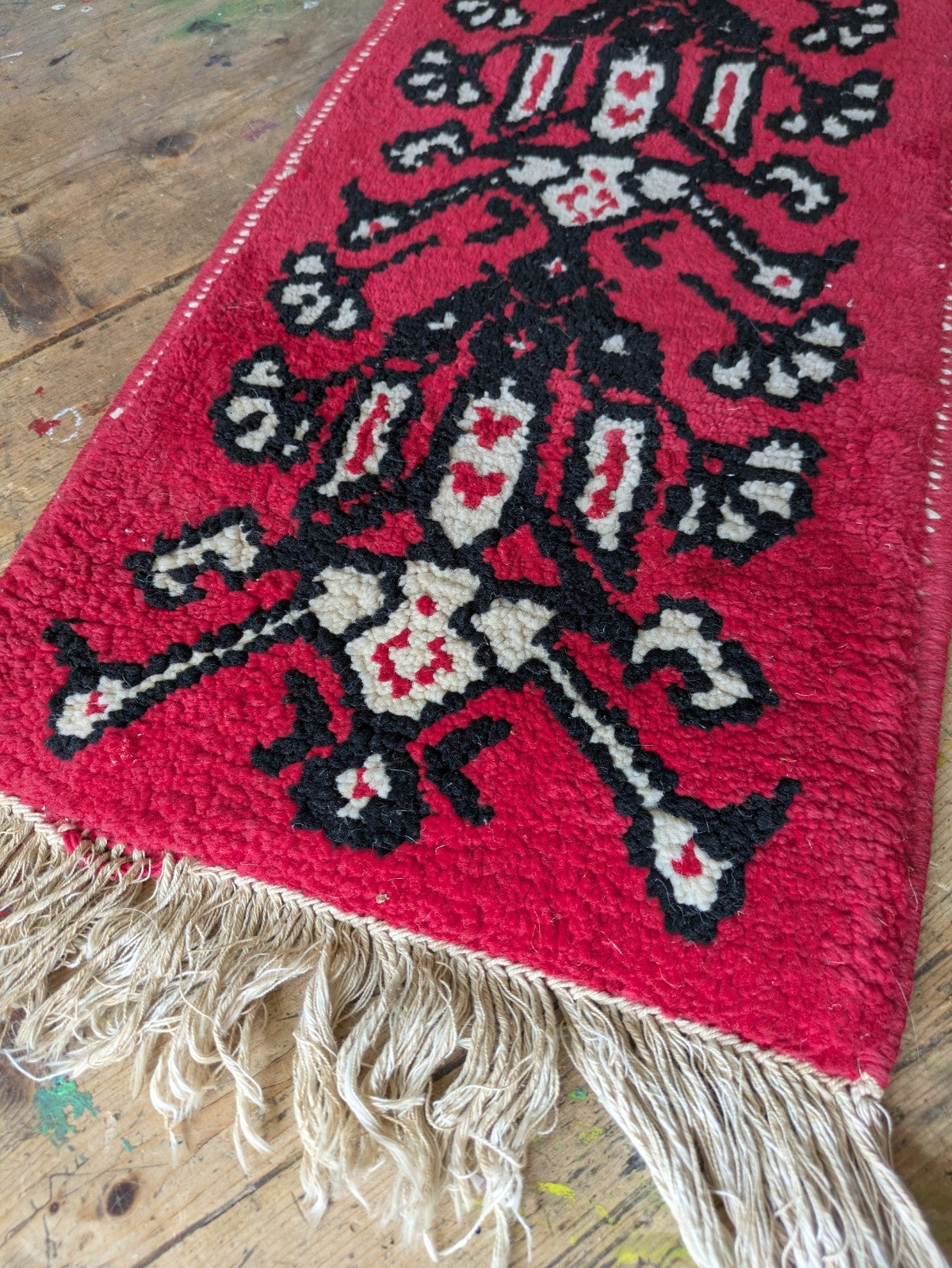 Vintage Fireside Small Rug Runner Geometric Ethnic Red Woven Vgc Tassels Bedside