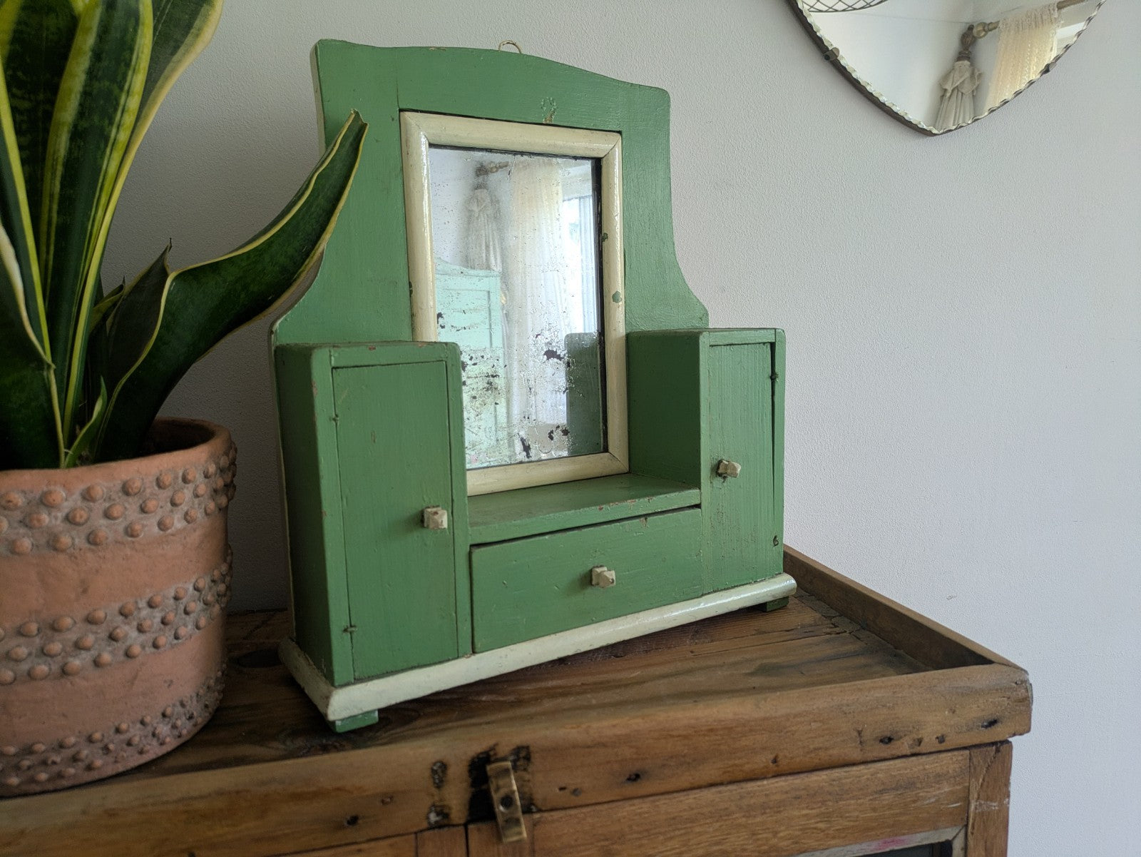 Antique Romanian Art Deco Wood Table Vanity Mirror Drawers Green Cupboard Wall