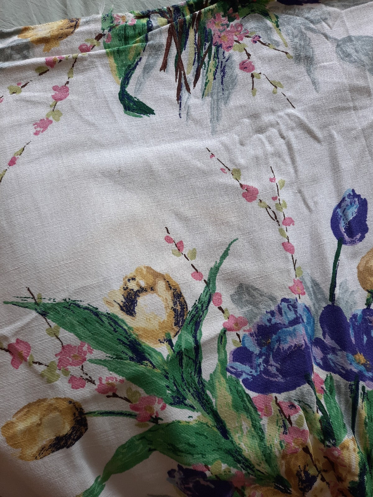 100% Cotton French Interior Fabric Bouquet Vintage White Floral 2.1m Tulips Rare
