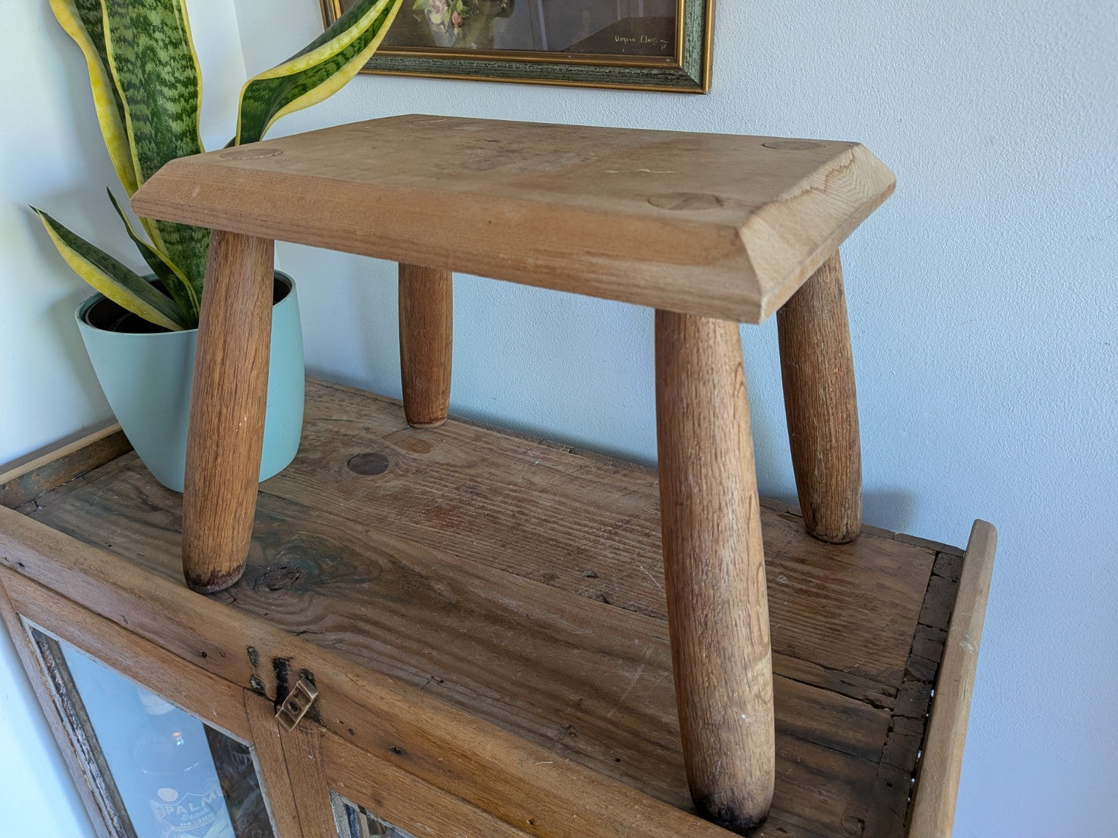 Vintage Step Stool Milk Wooden Seat Utilitarian Old Solid Chunky Leg Wood Prop 