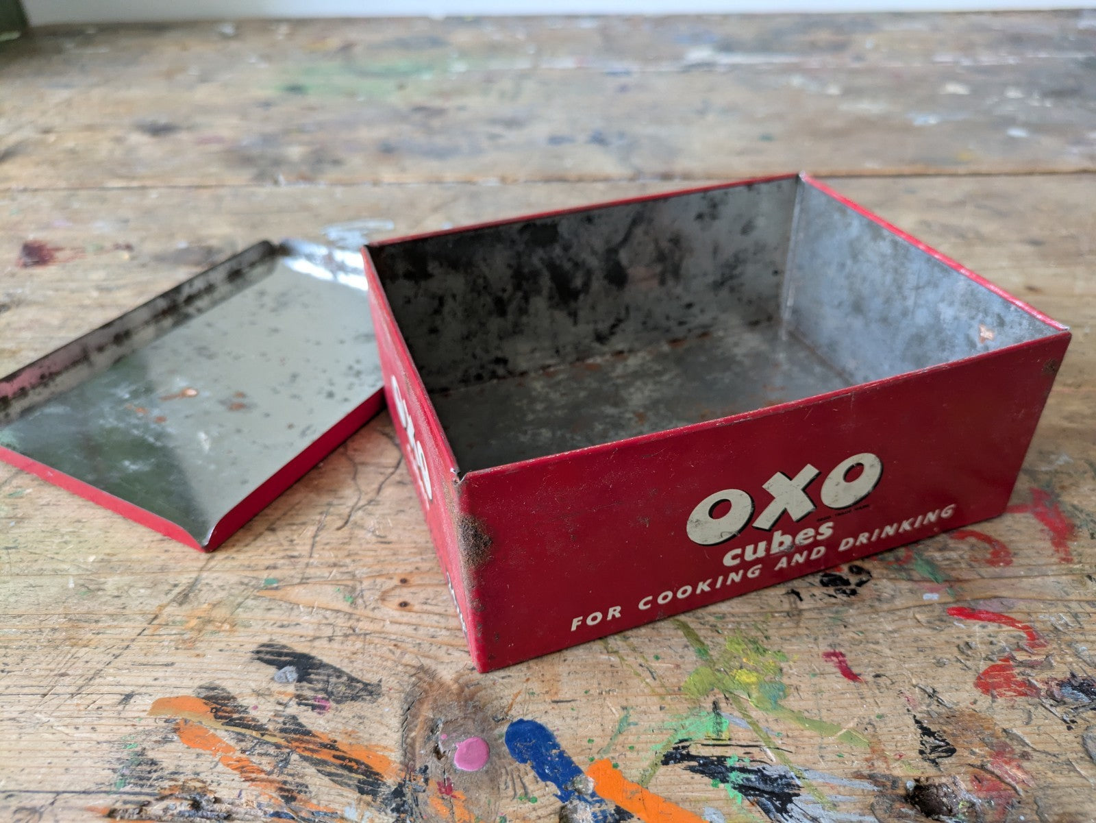 Vintage 1950s OXO Tin Box Metal Storage Advertising Red Kitchen Prop 24 Cube 