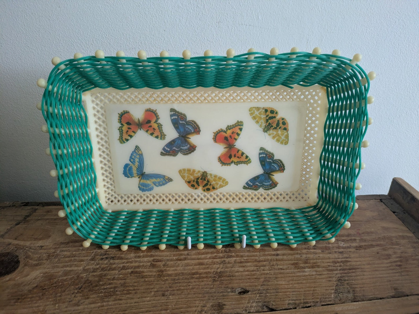Retro Green and White Butterfly Tray with Plastic Woven Edge Greece Kitsch Prop 