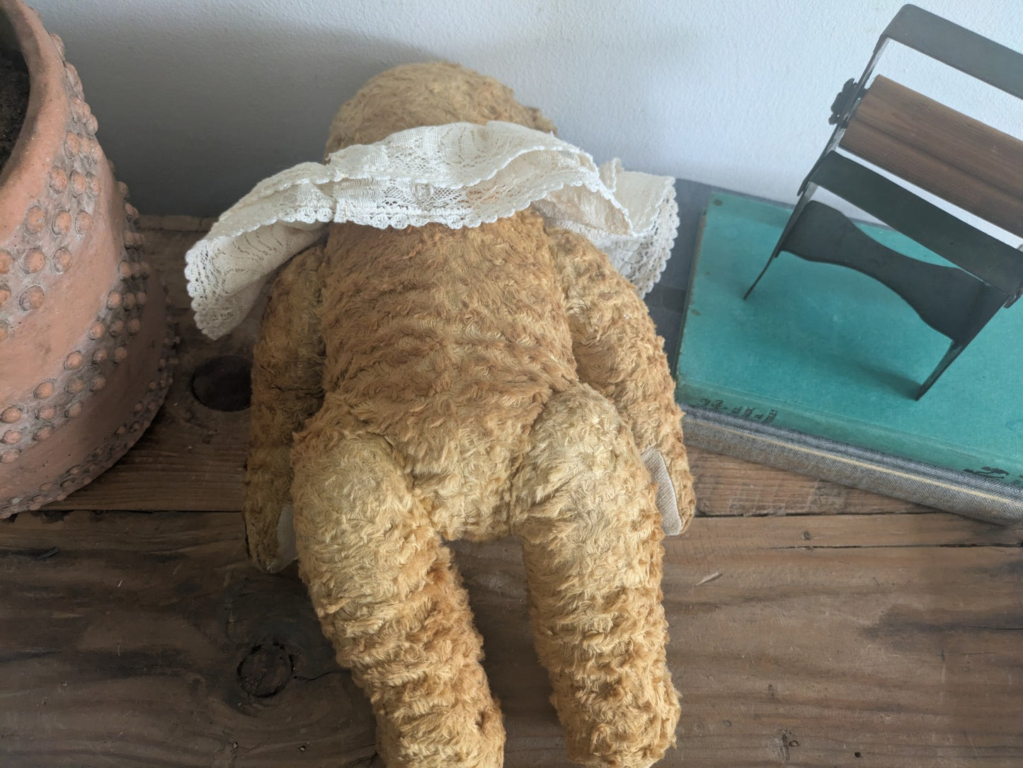 Antique Vintage Teddy Bear Straw Mohair  Articulated Jointed Toy Collar Prop Vgc