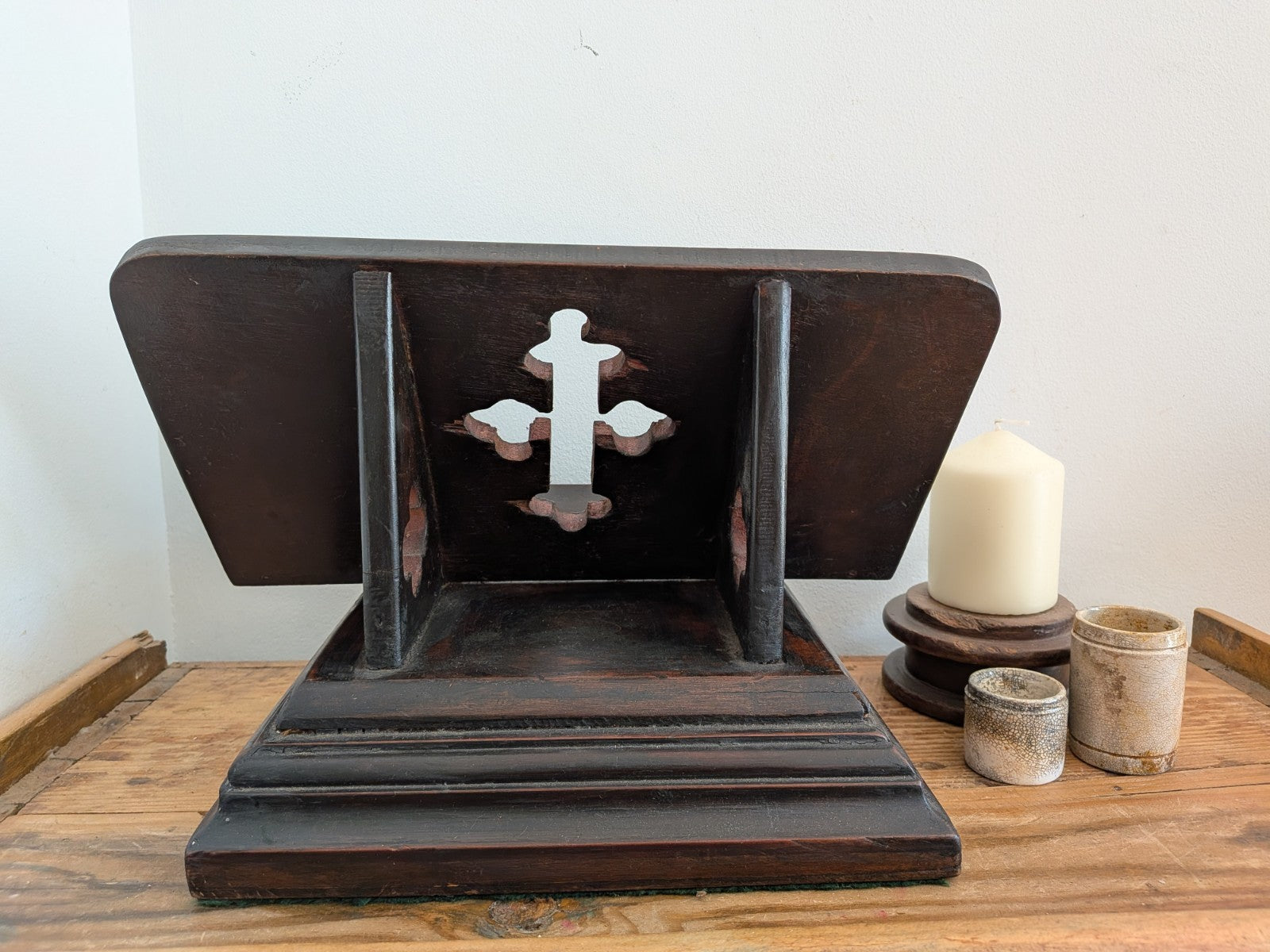 Antique Wood Carved Bible Stand  Lectern Religious Crucifix Book Rest Missal Vtg