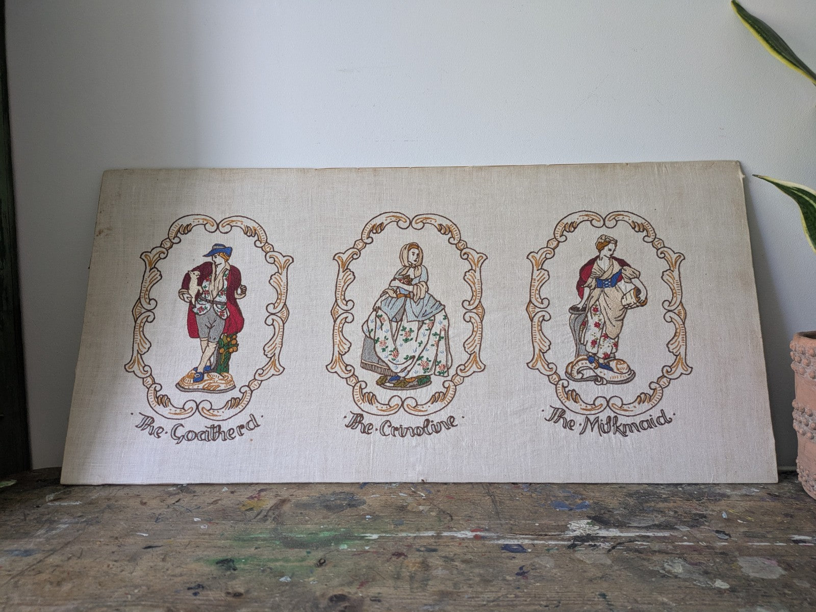 Vintage Antique Hand Embroidered Pictures of Crinoline Lady, Goatherd, Milkmaid