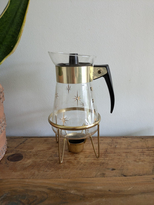 Corning Pyrex Coffee Carafe 1960s Atomic Starburst 6 Cup Candle Warmer Stand Vtg