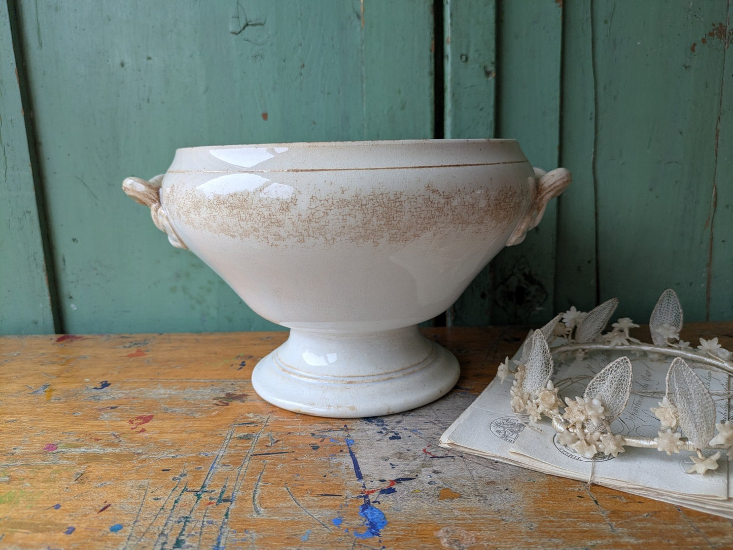 Antique French Faience Soup Tureen/ Soupiere Opaque De Sarreguemines Crazed Rare