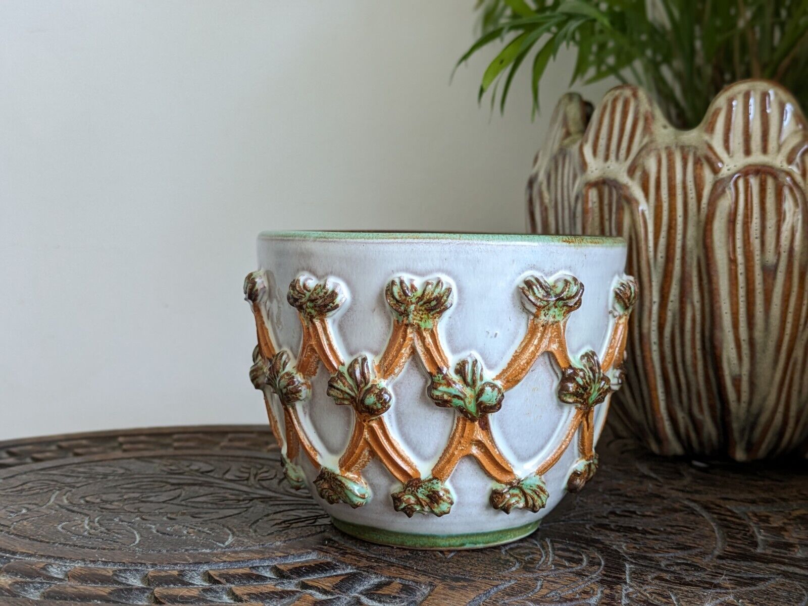 RARE HAND PAINTED ITALIAN POTTERY PLANT POT  VINTAGE MID CENTURY RETRO LATTICE 