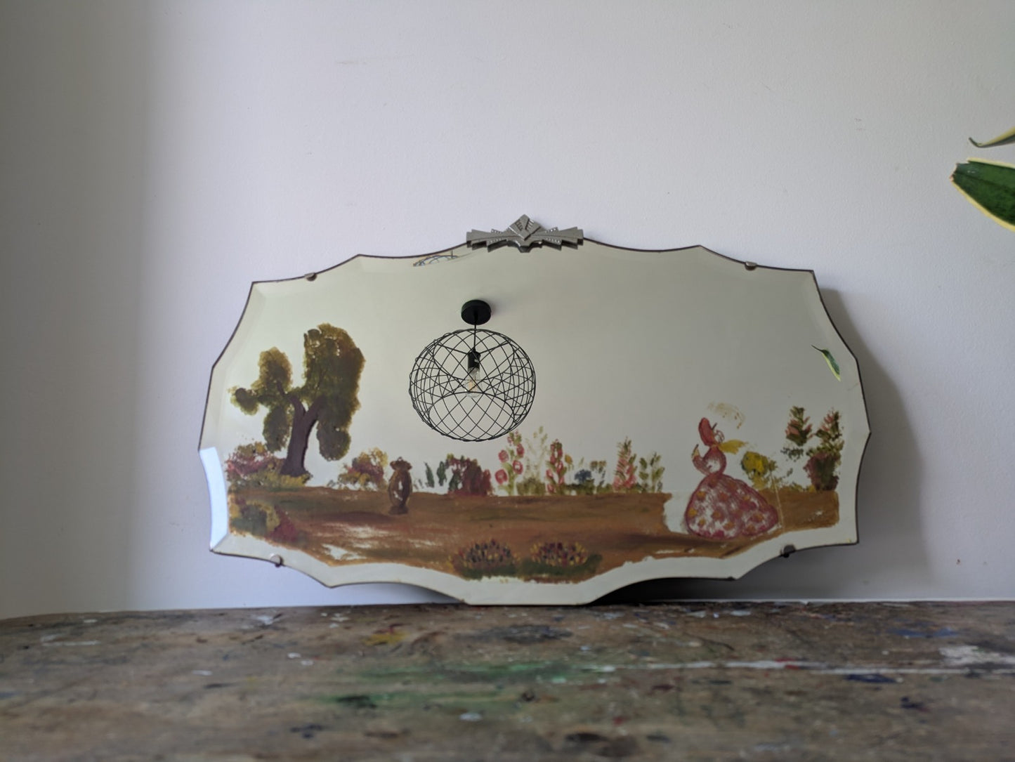 Vintage Art Deco Hand Painted Bevelled Wall Mirror Crinoline Lady Spring Garden
