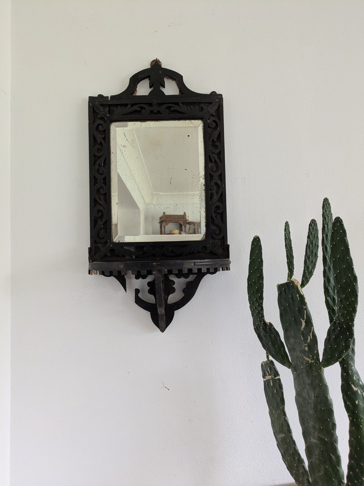 Antique 19th Cent Victorian Ebonised Wood Wall Sconce Mirror Glass Candle Shelf