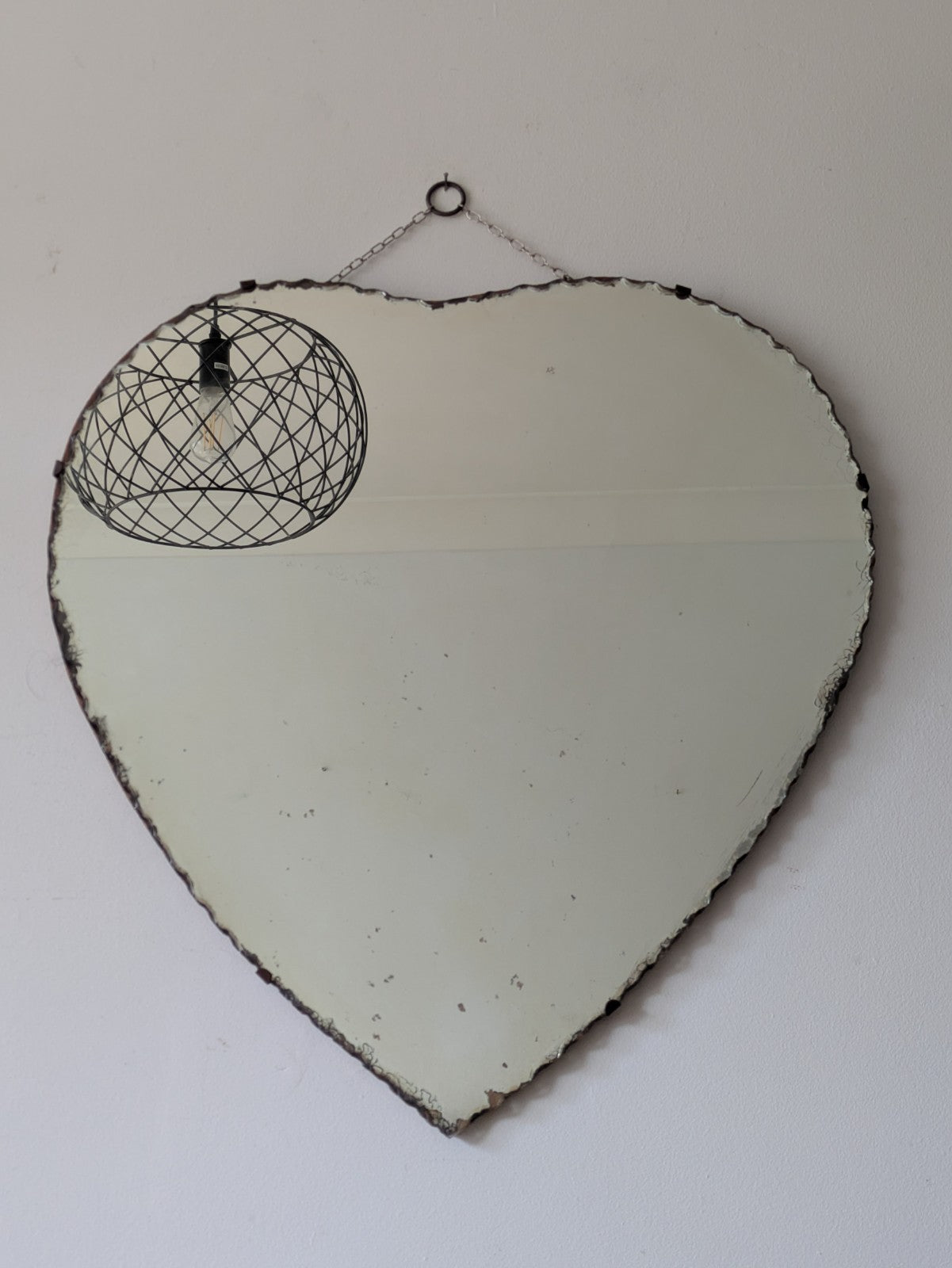 Large Antique Vintage Art Deco 1930s Heart Shaped Scalloped Mirror With Chain
