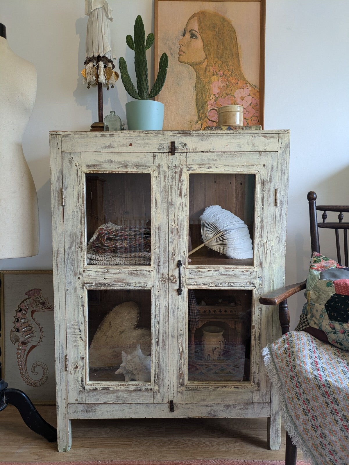 Restored Antique Vintage Indian Cabinet Cupboard Painted Glazed Reclaimed Cream